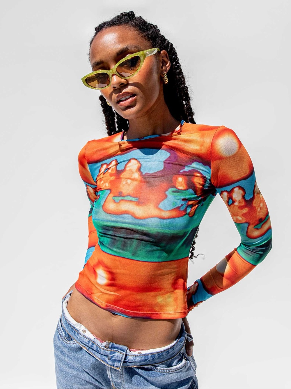 Miaou Mesh Long Sleeve Thermal Print Top